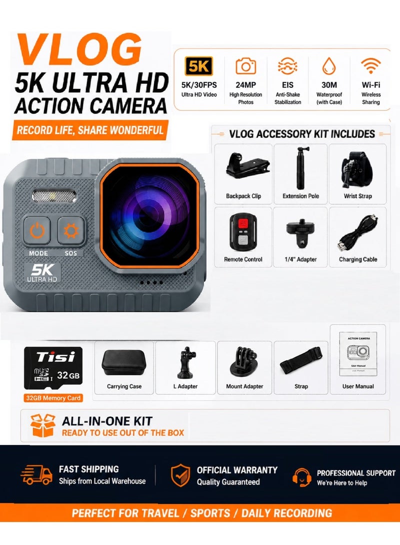 VIRAN 5K Ultra HD Action Camera with EIS Stabilization, 50MP Photo, Lncludes a 32GB Memory Card,IPX8 Waterproof Sports Camera, 170° Wide Angle Lens, WiFi Remote Control, 2.0" LCD Screen for Diving, Cycling, Travel & Vlogging - Image 3
