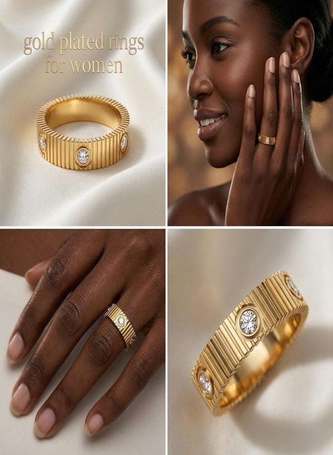 PDWZNBA Linear Stripe Textured Ring | 14K Gold-Plated Stainless Steel Promise & Friendship Ring, Wedding Band, Birthday Gifts for Women, 6, Steel Stone CZ, Cubic Zirconia - Image 4