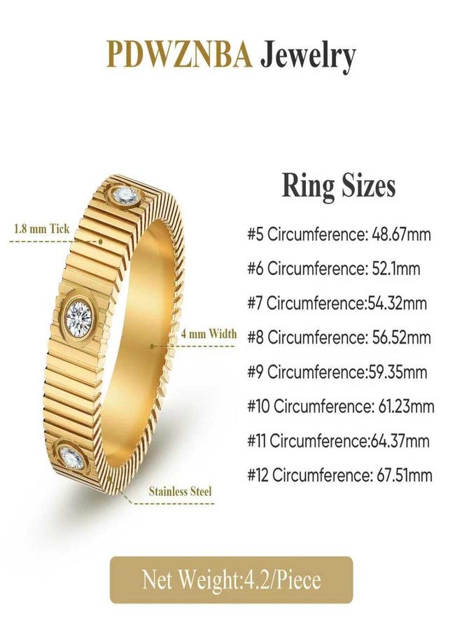 PDWZNBA Linear Stripe Textured Ring | 14K Gold-Plated Stainless Steel Promise & Friendship Ring, Wedding Band, Birthday Gifts for Women, 6, Steel Stone CZ, Cubic Zirconia - Image 3