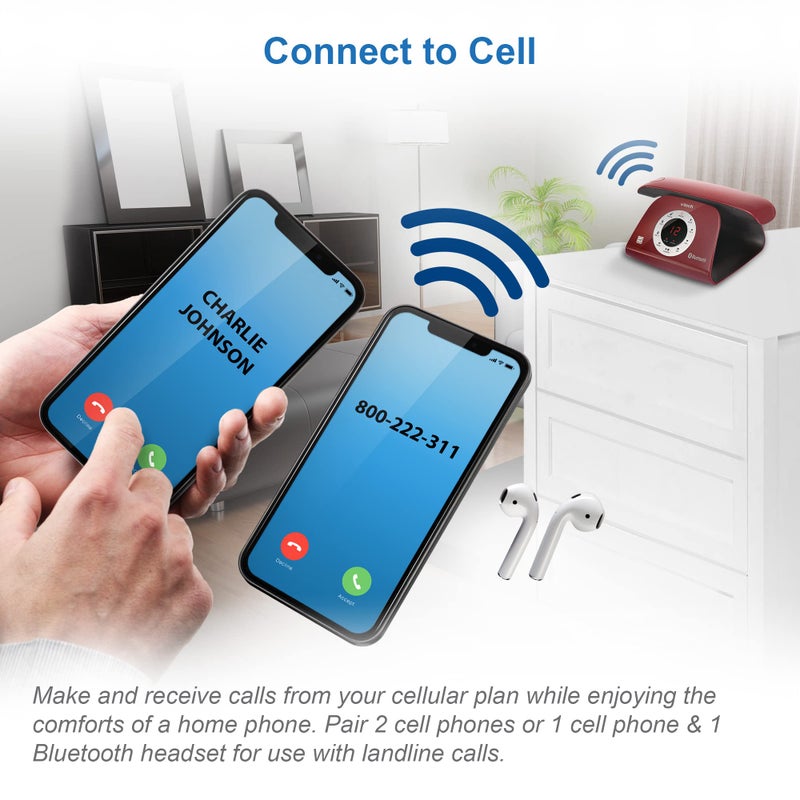VTECH VS122-16 Retro-Design Cordless Phone: Bluetooth Connect to Cell, Call Blocker, Answering System, Full-Duplex Speakerphone - Image 2