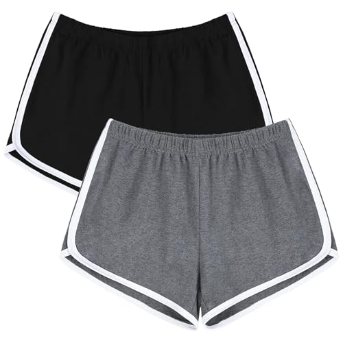 URATOT Women's Cotton Shorts Gym Shorts Yoga Shorts Summer Running Active Shorts Dance Elastic Shorts, Pack of 2 Black, Dark Grey - Image 1