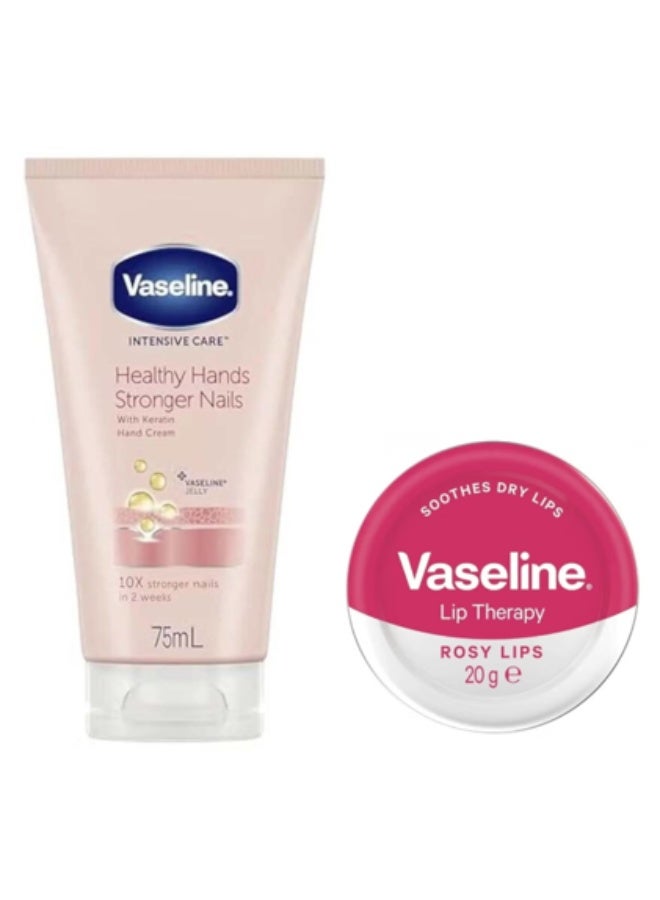 Vaseline Intensive Care Keratin Nail And Hand Cream Clear 75ml + Lip Therapy Rosy Lip Balm 20g - Image 1