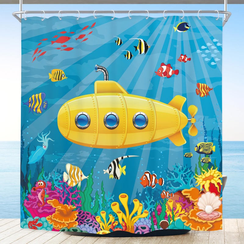 Riyidecor Kids Shower Curtain for Bathroom Decor 72Wx72H Cartoon Yellow Submarine Marine Underwater Ocean Fish Sea Coral Reef Colorful Fabric Inch 12 Pack Plastic Shower Hooks Included RY58JC - Image 1