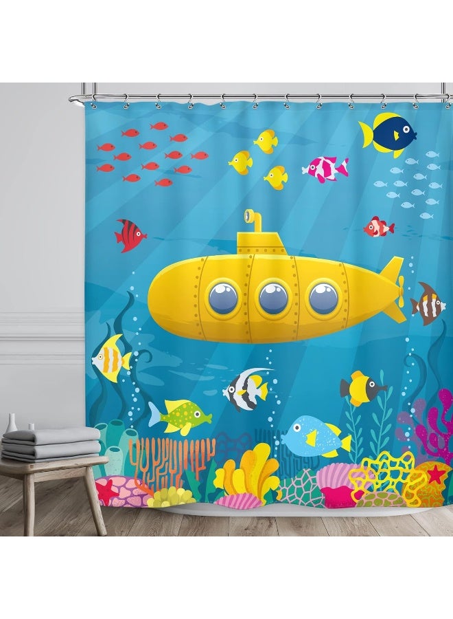 Riyidecor Kids Shower Curtain for Bathroom Decor 72Wx72H Cartoon Yellow Submarine Marine Underwater Ocean Fish Sea Coral Reef Colorful Fabric Inch 12 Pack Plastic Shower Hooks Included RY58JC - Image 2