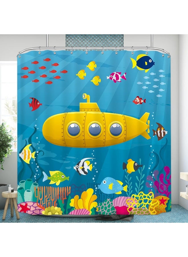 Riyidecor Kids Shower Curtain for Bathroom Decor 72Wx72H Cartoon Yellow Submarine Marine Underwater Ocean Fish Sea Coral Reef Colorful Fabric Inch 12 Pack Plastic Shower Hooks Included RY58JC - Image 5