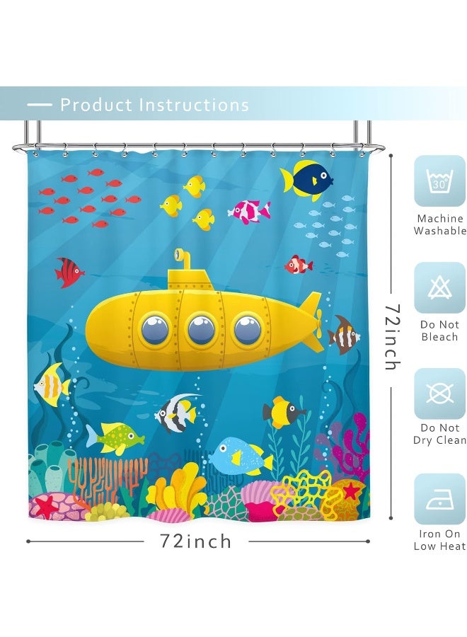 Riyidecor Kids Shower Curtain for Bathroom Decor 72Wx72H Cartoon Yellow Submarine Marine Underwater Ocean Fish Sea Coral Reef Colorful Fabric Inch 12 Pack Plastic Shower Hooks Included RY58JC - Image 3