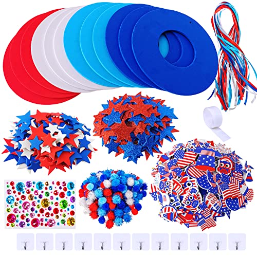 Winlyn 12 Sets 4th of July Craft Kits Patriotic Crafts DIY Patriotic Wreath Signs Ornaments Decorations Art Sets Red White Blue Star USA Flag Pinwheel Foam Stickers Arts and Crafts for Kids Activities - Image 5