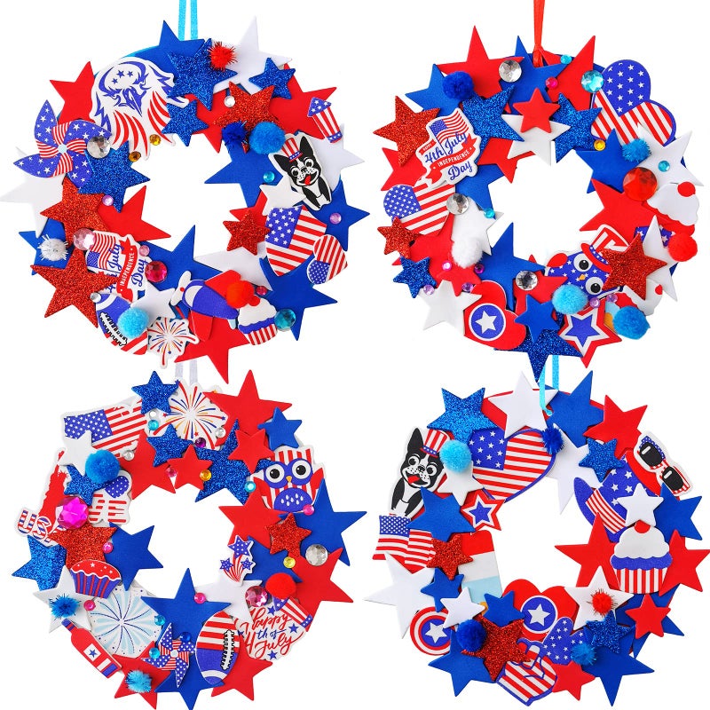 Winlyn 12 Sets 4th of July Craft Kits Patriotic Crafts DIY Patriotic Wreath Signs Ornaments Decorations Art Sets Red White Blue Star USA Flag Pinwheel Foam Stickers Arts and Crafts for Kids Activities - Image 3