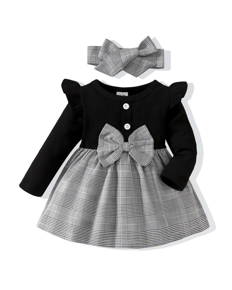 SODLON Baby Girl Clothes 12 18 Months Infant Dress Outfits Sets 18 Months Girl Clothes for 1 Year Old Girl Winter Fall Rib Romper Dresses Long Sleeve Plaid Skirt Outfit for Girls Gray 