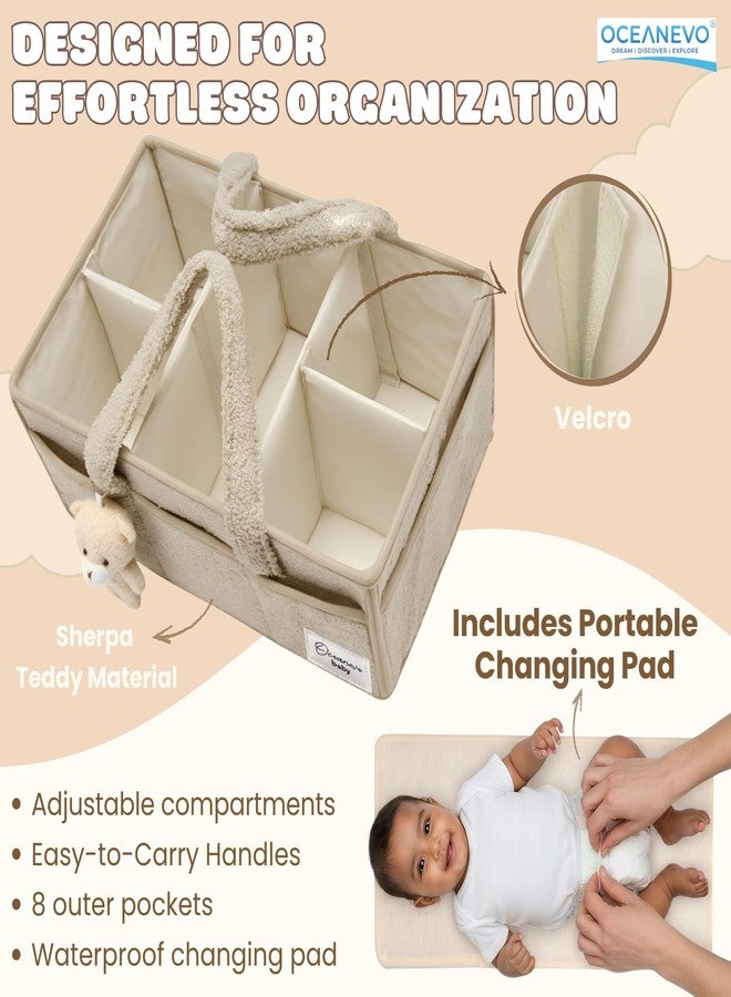 OCEANEVO Fur Diaper Caddy Organizer Bag | WITH Diaper Changing Mat, Bag Charm and Luggage Tag | New Born Baby Essentials | For Mothers for Travel - 38 x 25 x 18 cm - Beige - 1 Year Warranty - Image 3