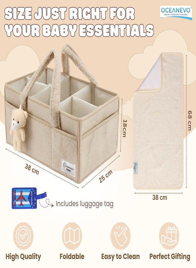 OCEANEVO Fur Diaper Caddy Organizer Bag | WITH Diaper Changing Mat, Bag Charm and Luggage Tag | New Born Baby Essentials | For Mothers for Travel - 38 x 25 x 18 cm - Beige - 1 Year Warranty - Image 2
