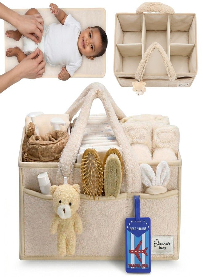 OCEANEVO Fur Diaper Caddy Organizer Bag | WITH Diaper Changing Mat, Bag Charm and Luggage Tag | New Born Baby Essentials | For Mothers for Travel - 38 x 25 x 18 cm - Beige - 1 Year Warranty - Image 1