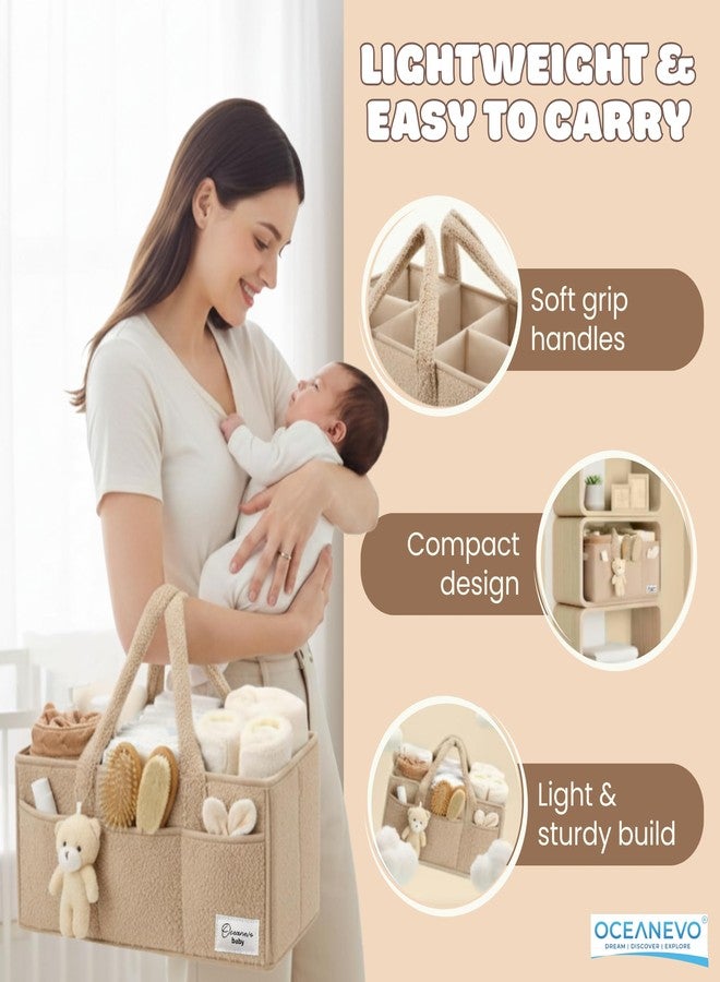 OCEANEVO Fur Diaper Caddy Organizer Bag | WITH Diaper Changing Mat, Bag Charm and Luggage Tag | New Born Baby Essentials | For Mothers for Travel - 38 x 25 x 18 cm - Beige - 1 Year Warranty - Image 4