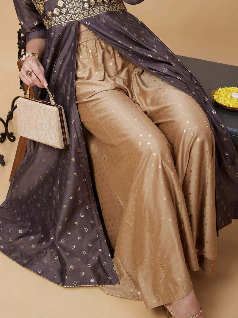 globus Globus Women Gold Foil Printed Flared Festive Palazzos