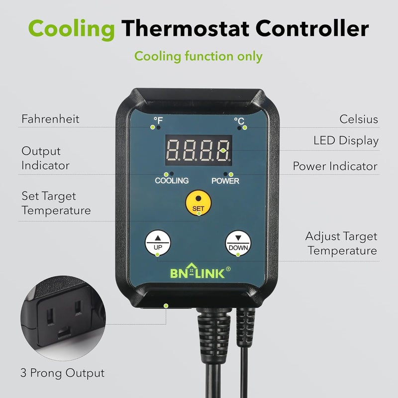BN-LINK Digital Cooling Thermostat Controller, Temperature Controlled Outlet for Attic Fan, Exhaust Fan, Cooling Devices 40-108°F, 8.3A 1000W - Image 2