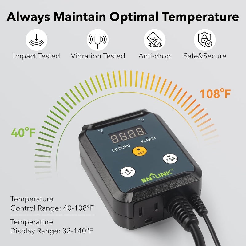 BN-LINK Digital Cooling Thermostat Controller, Temperature Controlled Outlet for Attic Fan, Exhaust Fan, Cooling Devices 40-108°F, 8.3A 1000W - Image 3