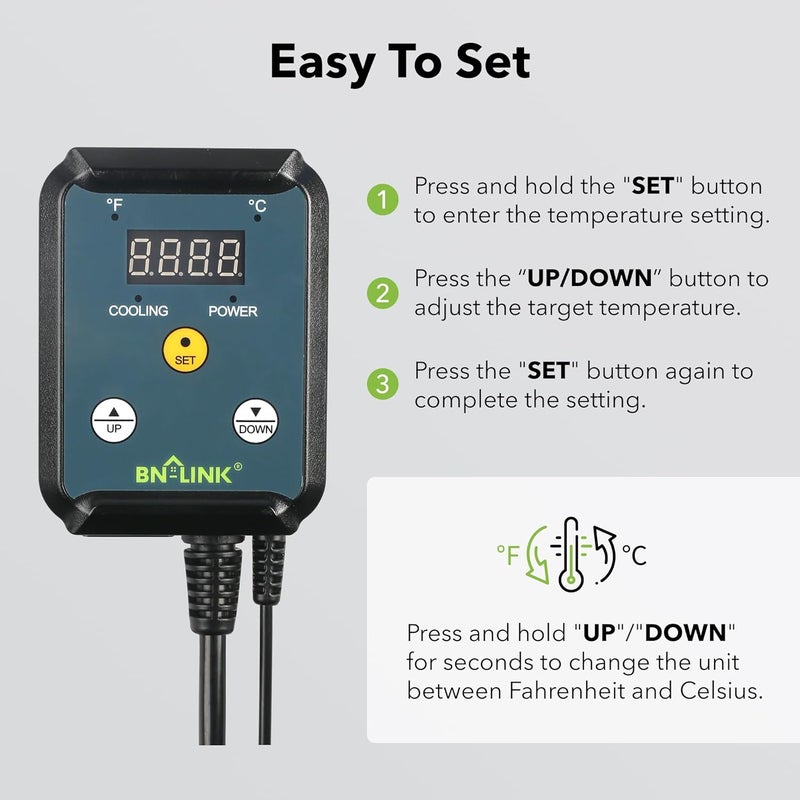 BN-LINK Digital Cooling Thermostat Controller, Temperature Controlled Outlet for Attic Fan, Exhaust Fan, Cooling Devices 40-108°F, 8.3A 1000W - Image 4