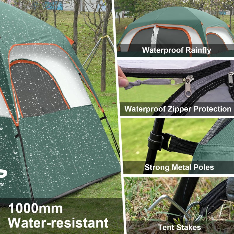 CAMPROS CP Tent-6-Person-Camping-Tents, Waterproof Windproof Family Tent with Top Rainfly, 4 Large Mesh Windows, Double Layer, Easy Set Up, Portable with Carry Bag (Dark Green) - Image 4