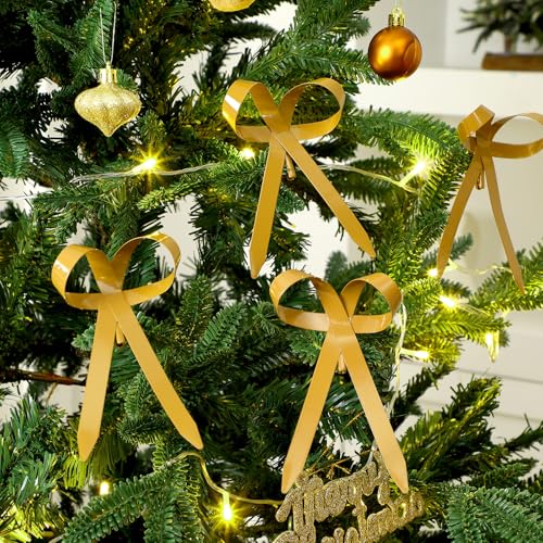 Daifunli 12 Pcs 2025 Metal Christmas Bow Ornaments for Christmas Tree Garland Wreath Bulk Bow with Clip Ornament Vintage Indoor Outdoor Home Xmas Party Decorations, 4 x 5 Inches (Gold) - Image 2