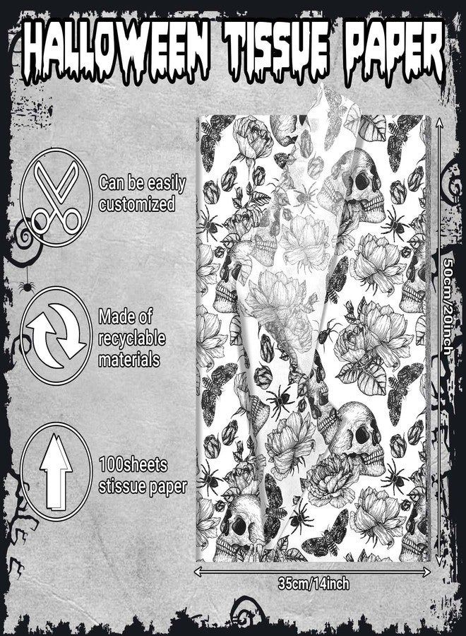 Bolsome 100 Sheets Vintage Halloween Tissue Paper for Gift Wrapping Skull Rose Butterfly Spider Printed Tissue Paper for Gift Bags for Halloween Party DIY Craft, 20 × 14 Inches - Image 2