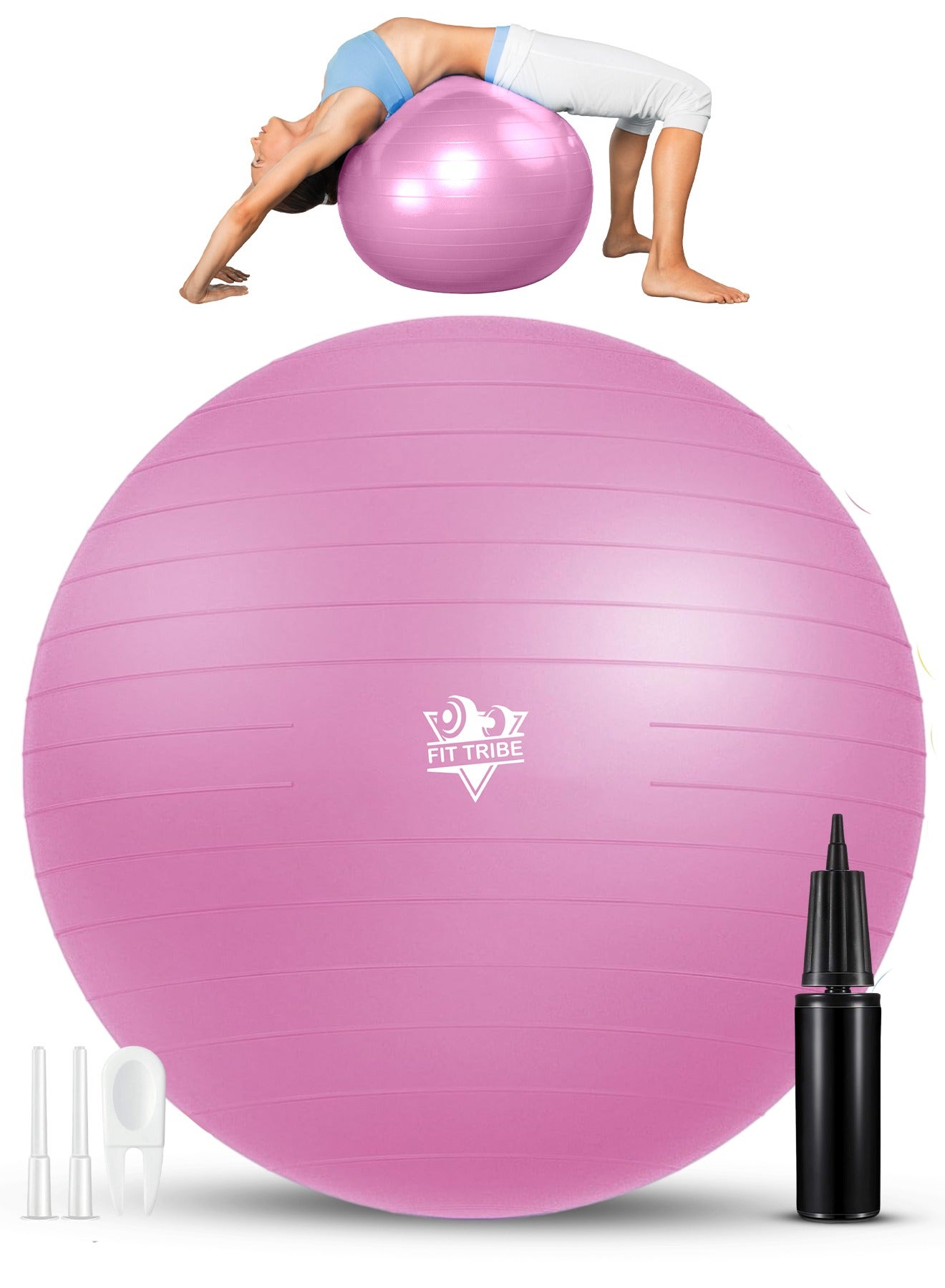 Yoga Ball with Air Pump - Anti-Burst, Slip-Resistant Exercise Ball for Gym Pilates, Balance Training, Stability, and Pregnancy - Supports 125KG, Fitness Gym Equipment (Pink)