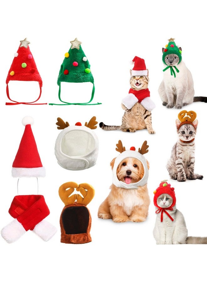 Reginary 6 PCs Cute Christmas Cat Hat & Dog Cap - Santa Hat with Scarf & Green Elk Antler Reindeer Design - Adjustable for Kittens & Puppies - Xmas Party Costume Accessories - Image 1