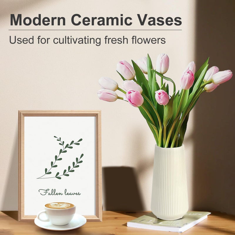GUKJOB Beige Ceramic Vase, GUKJOB Small Cute Flower Vase for Pampas Grass, Home, Living Room, Dining Table, Farmhouse, Office Decor, Bedroom, Table, and Kitchen Shelf (Beige) - Image 2