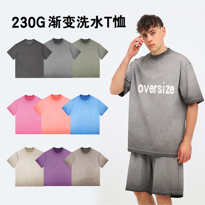 Retro Washed Gradient T-Shirt Trendy Brand Pure Cotton Round Neck Distressed Loose Oversize T Short-Sleeved - Image 2