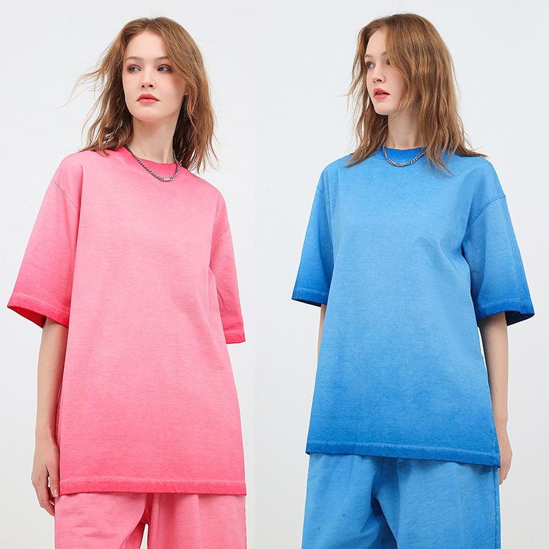 Retro Washed Gradient T-Shirt Trendy Brand Pure Cotton Round Neck Distressed Loose Oversize T Short-Sleeved - Image 3