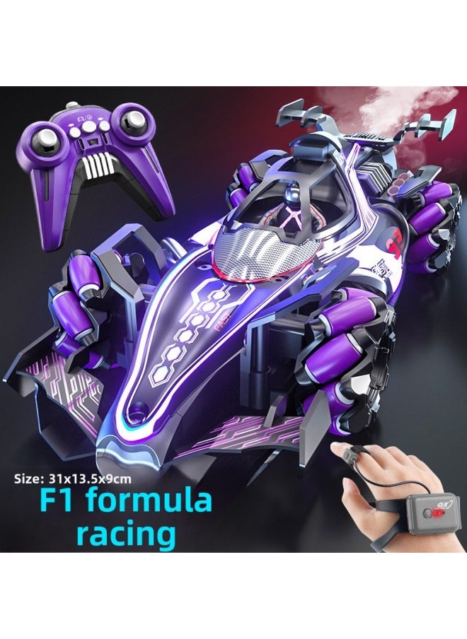 F1 Equation Remote Control Stunt Racing Four-wheel Drive Light Spray Gesture Induction Children's Stunt Drift Toy Car-Color:F1 Racing-purple [dual Remote Control]-Proportion:Deluxe Three Batteries  - Image 1