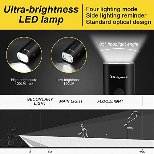 VICTGOAL USB Rechargeable Bicycle Light Set 400 Lumen Super Bright Headlight Front Light and Back Rear LED 4 Light Mode Road Cycling Safety Flashlight Runtime 4+ Hours (Black) - Image 5