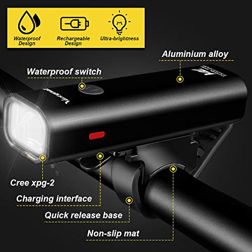 VICTGOAL USB Rechargeable Bicycle Light Set 400 Lumen Super Bright Headlight Front Light and Back Rear LED 4 Light Mode Road Cycling Safety Flashlight Runtime 4+ Hours (Black) - Image 2