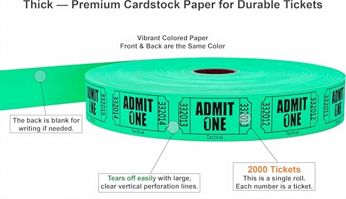Tacticai 2000 Raffle Tickets, Admit One, Single Roll, Ticket for Events, Entry, Class Reward, Fundraiser & Prizes - Green (1 of 8 Colors) - Image 2