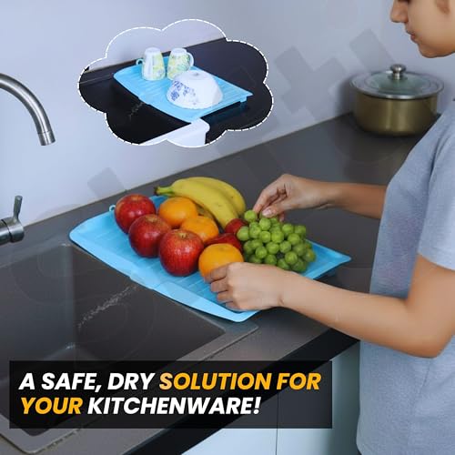 SHFTI Large Plastic Sink Dish Drainer Tray - Drainage Channel - Curved Edge Spill Guard - Kitchen Organizer Rack - Blue - Space Saver - 32x45cm - Image 2