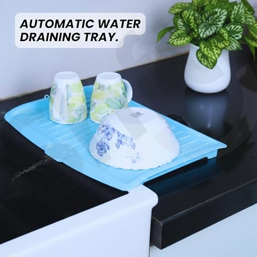 SHFTI Large Plastic Sink Dish Drainer Tray - Drainage Channel - Curved Edge Spill Guard - Kitchen Organizer Rack - Blue - Space Saver - 32x45cm - Image 5