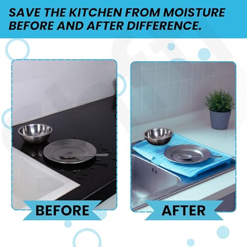 SHFTI Large Plastic Sink Dish Drainer Tray - Drainage Channel - Curved Edge Spill Guard - Kitchen Organizer Rack - Blue - Space Saver - 32x45cm - Image 4