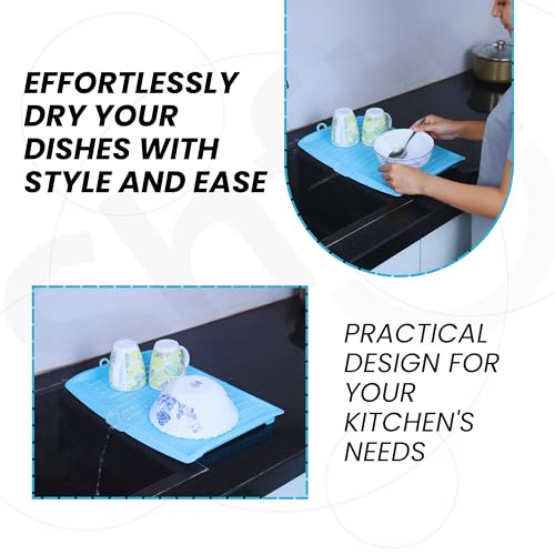SHFTI Large Plastic Sink Dish Drainer Tray - Drainage Channel - Curved Edge Spill Guard - Kitchen Organizer Rack - Blue - Space Saver - 32x45cm - Image 3