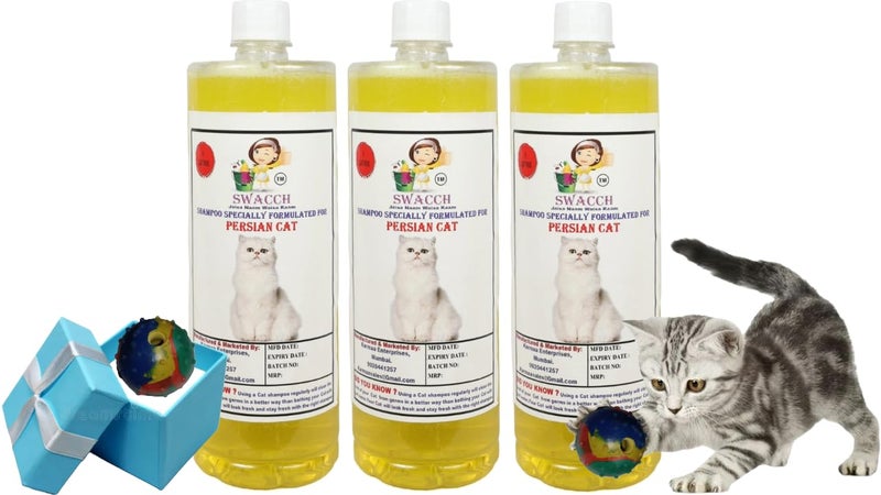 swacch Persian Cat Shampoo + Rubber Musical Ball I Chew Playing Rubber Ball I Interactive Cat Toy Balls I Training & Play I Combo Pack I 1 Litre Pack of 3 Lemon - Image 1