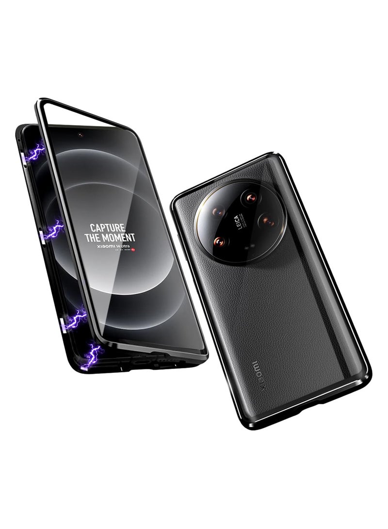SYOSI Case Compatible with Xiaomi 14 Ultra 5G, Magnetic Thin Body Metal Frame, Double Sided Clear Tempered Glass Shockproof, Cover 360 Degrees Protective Case, with Camera Protection Cover, Black - Image 1