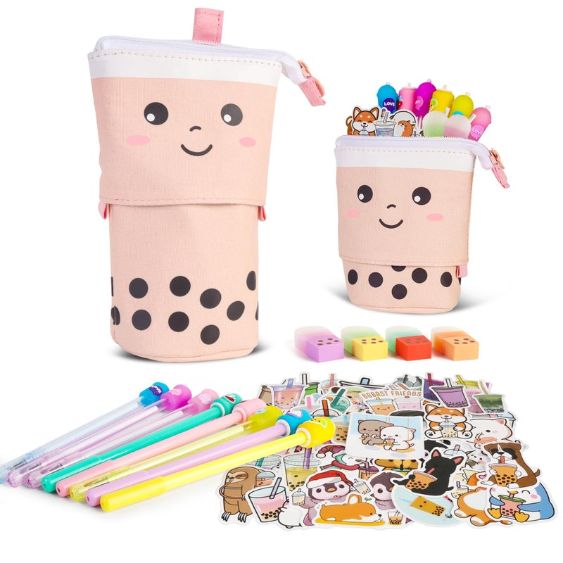 Primo Lines Kawaii Pencil Case and Complete 61 PCS Pink Stationary Set with Pop Up Cute Boba Case, 8 Pens, 50 Bubble Tea Stickers, Multi Color Pen For School Supplies - Image 1