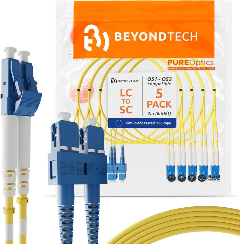 BEYONDTECH 2m (6.56ft) LC to SC Fiber Patch Cable – (5 Pack) UPC Single-Mode Duplex Fiber Optic Cable – 9/125µm core, Compatible with OS1 & OS2 – LSZH PUREOptics Series - Image 1
