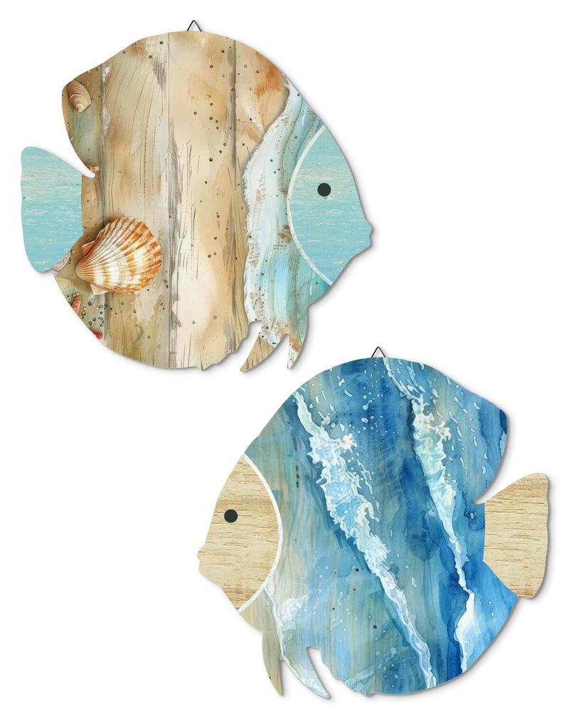 Putuo Decor Wood Fish Wall Decor 2pcs Rustic Beach House Wall Decor Coastal Lake Themed Home Decor Wood Hanging Nautical Decor For Bathroom, Lake House, Beach House Decor - Image 1