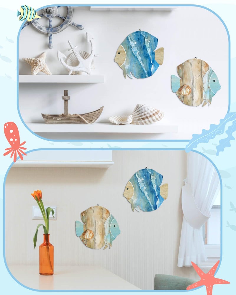 Putuo Decor Wood Fish Wall Decor 2pcs Rustic Beach House Wall Decor Coastal Lake Themed Home Decor Wood Hanging Nautical Decor For Bathroom, Lake House, Beach House Decor - Image 5