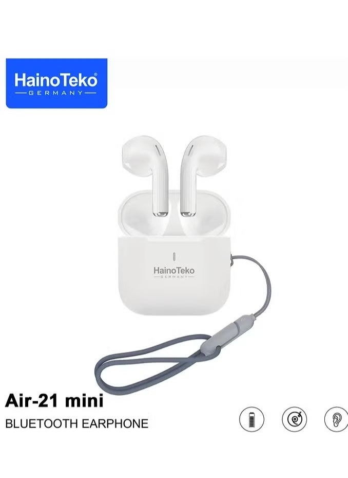 Haino Teko Wireless AIR-21 In-Ear Bluetooth Earphones with Free Cover & Hook – Premium Sound Quality, Comfortable Fit, and Secure Design – Original Quality, Compatible with iOS & Android Devices – White, Ideal for Sports, Music, and Calls - Image 2