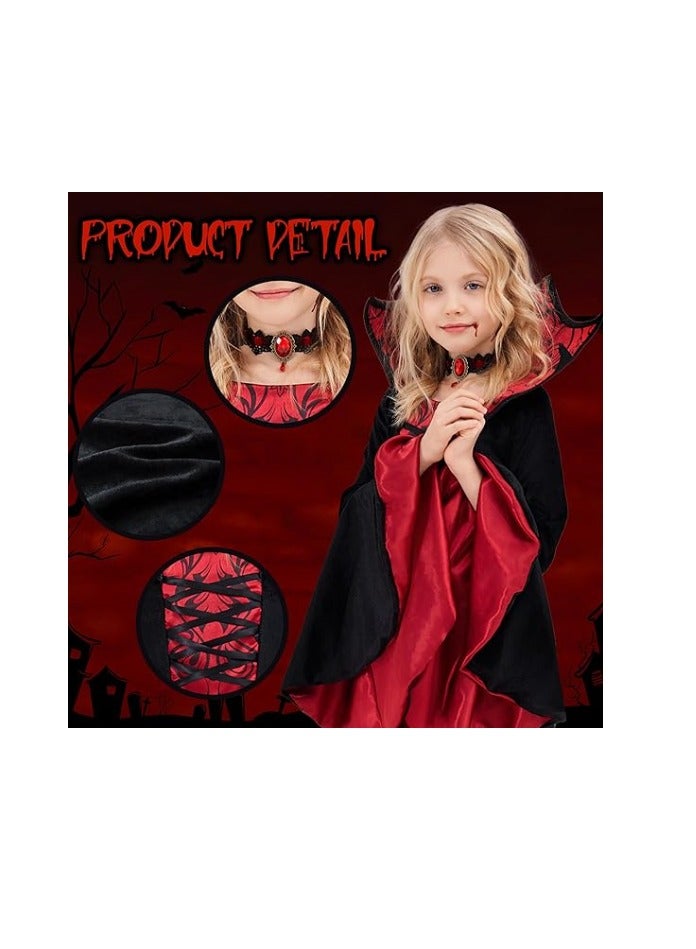 Vampire Costume for Kids, Royal Vampire Costume for Girls, Halloween Gothic Vampire Set, Vampire Party Fancy Dress with Vampire Teeth, Scar Tattoo and Necklace（S） - Image 4