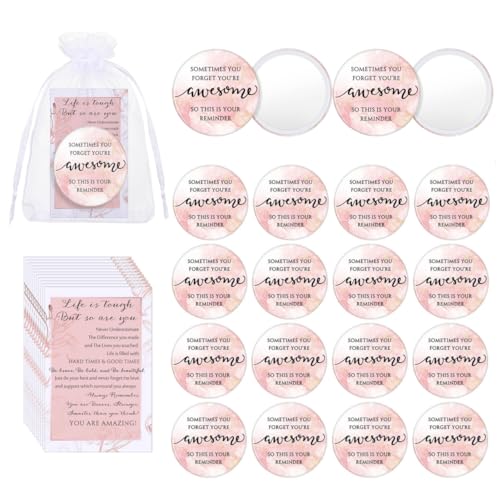 Cinnvoice 25 Set Inspirational Compact Mirror Bulk Gift for Women Mini Makeup Pocket Mirror with Motivational Card for Graduation Teacher Nurse Mental Health Month Employee Coworker Pink - Image 1