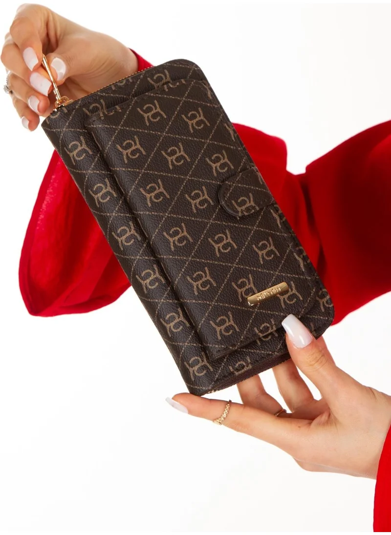 Newish Polo Patterned Vegan Leather Card Holder and Banknote Compartment Stylish Women's Wallet (Keychain Gift) Brown