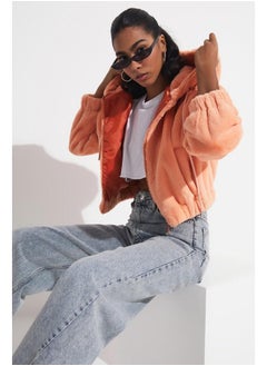 JUNE June Elastic Waist Hooded Plush Coat Salmon  - Image 2