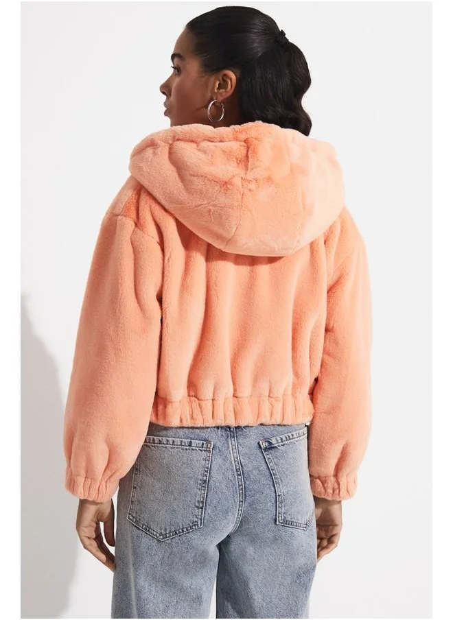JUNE June Elastic Waist Hooded Plush Coat Salmon