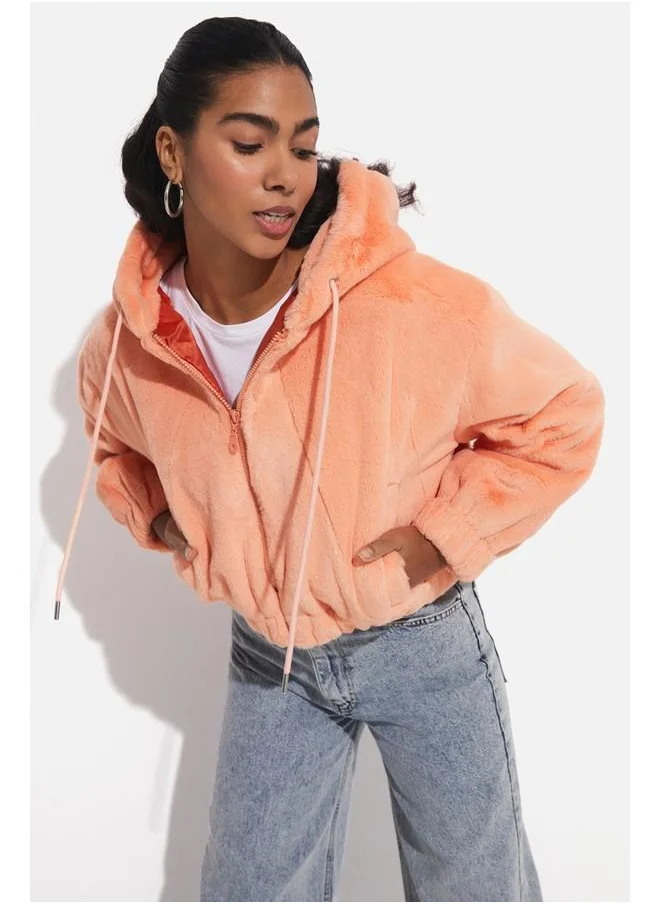 JUNE June Elastic Waist Hooded Plush Coat Salmon